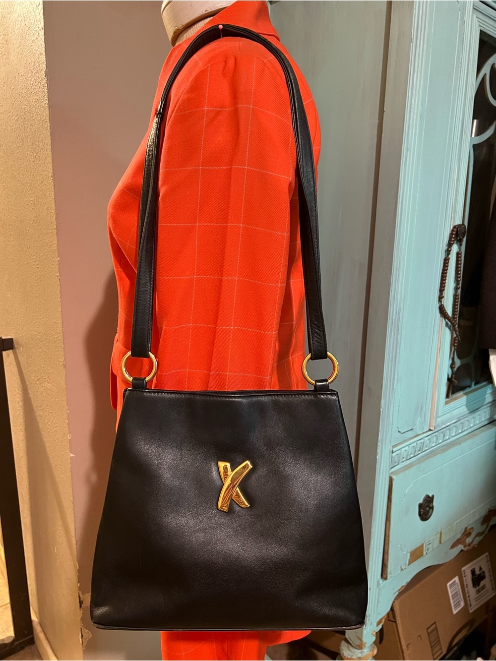Vintage Paloma Picasso Italy Black Leather Classic Purse Back Gold Logo 9” X 11”